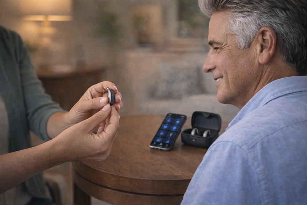 Clinician demonstrating a premium hearing aid in a home setting