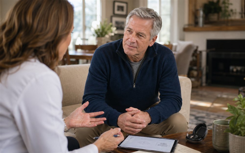 Active man discussing hearing care during an in-home consultation
