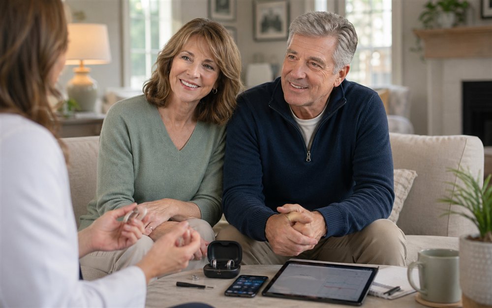 Couple receiving follow-up hearing care support at home